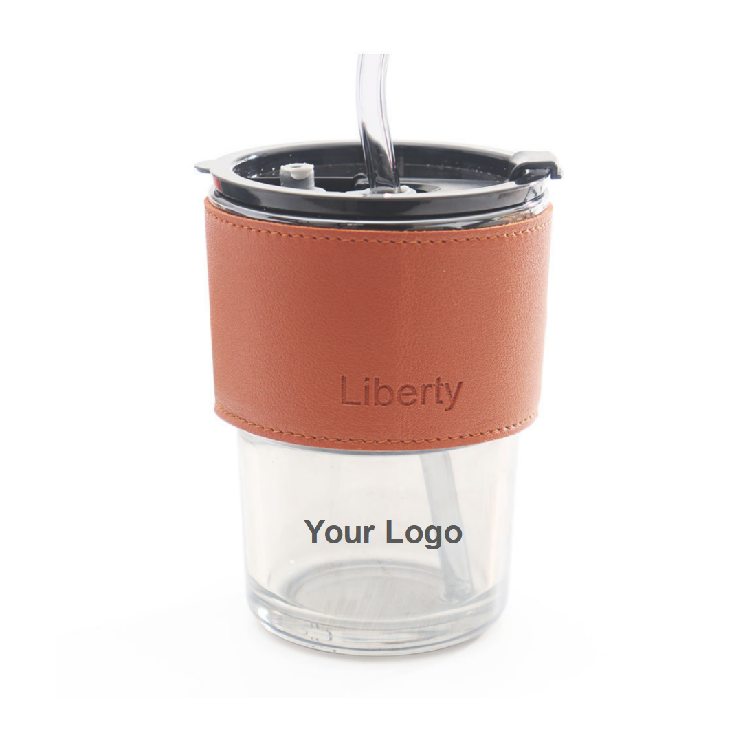14 oz Leather Sleeved Glass Tumbler With Lid and Straw