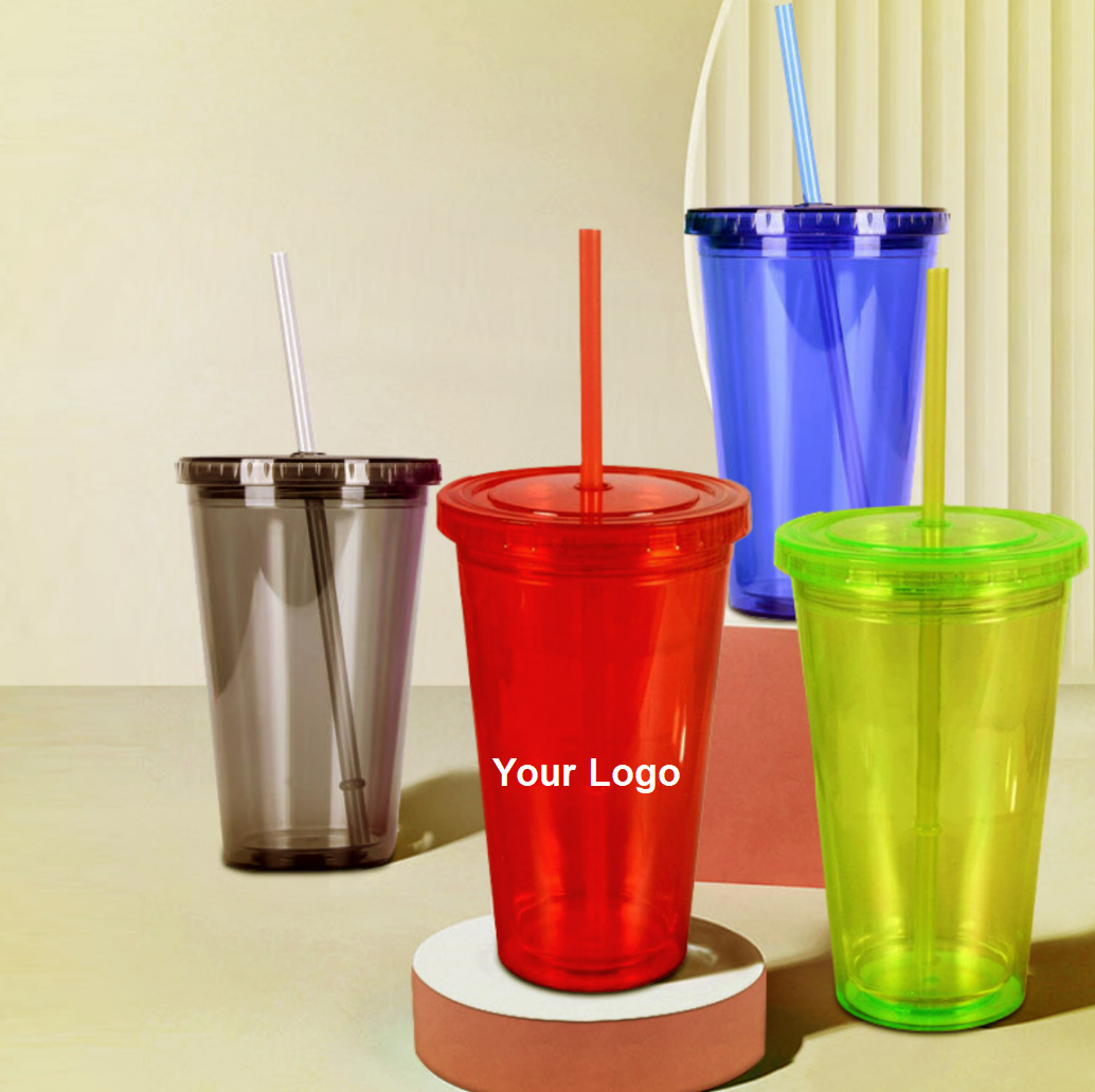 14 oz Double Insulated Plastic Cup With Straw