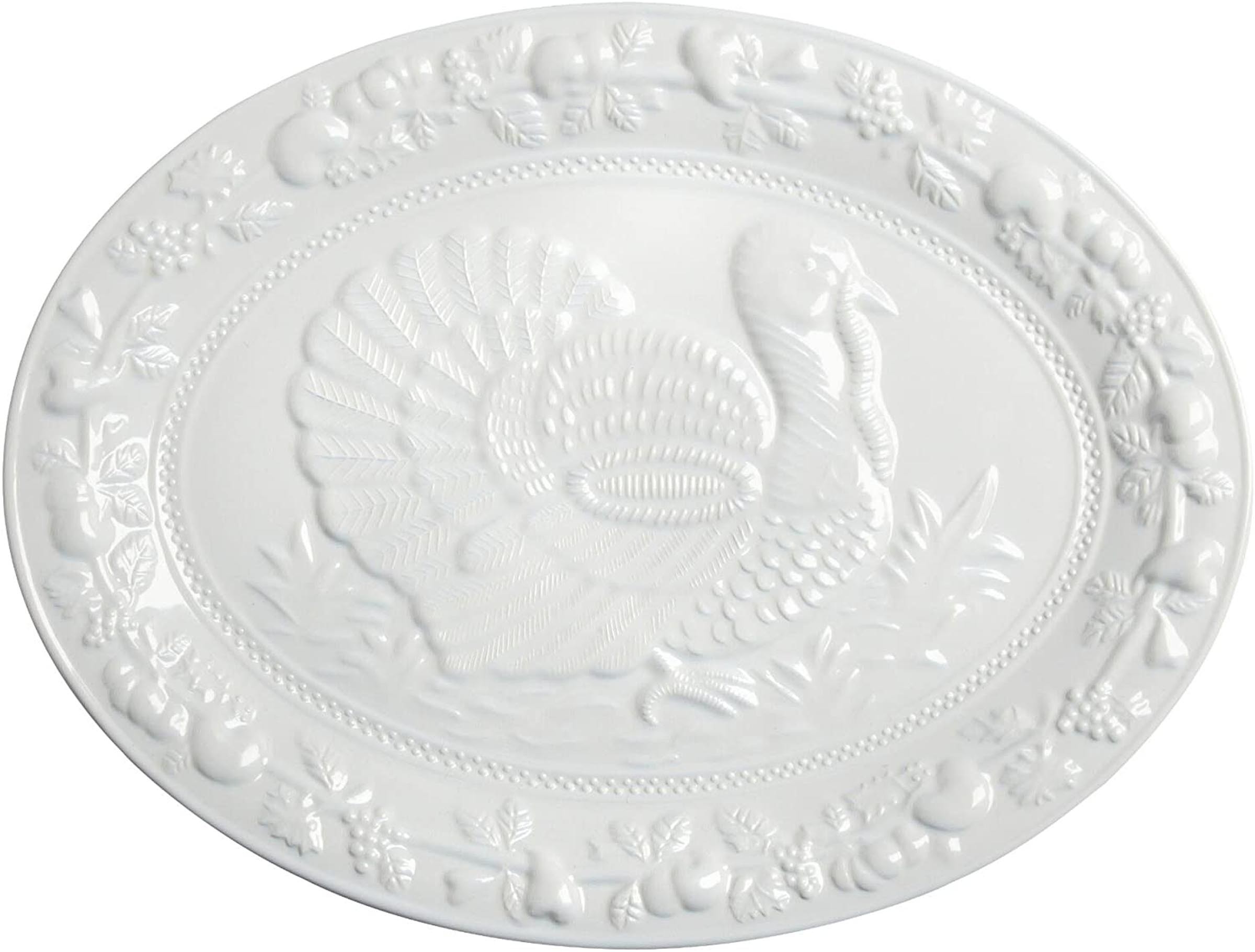 Harvest Embossed Thanksgiving Turkey Oval Serving Platter in White