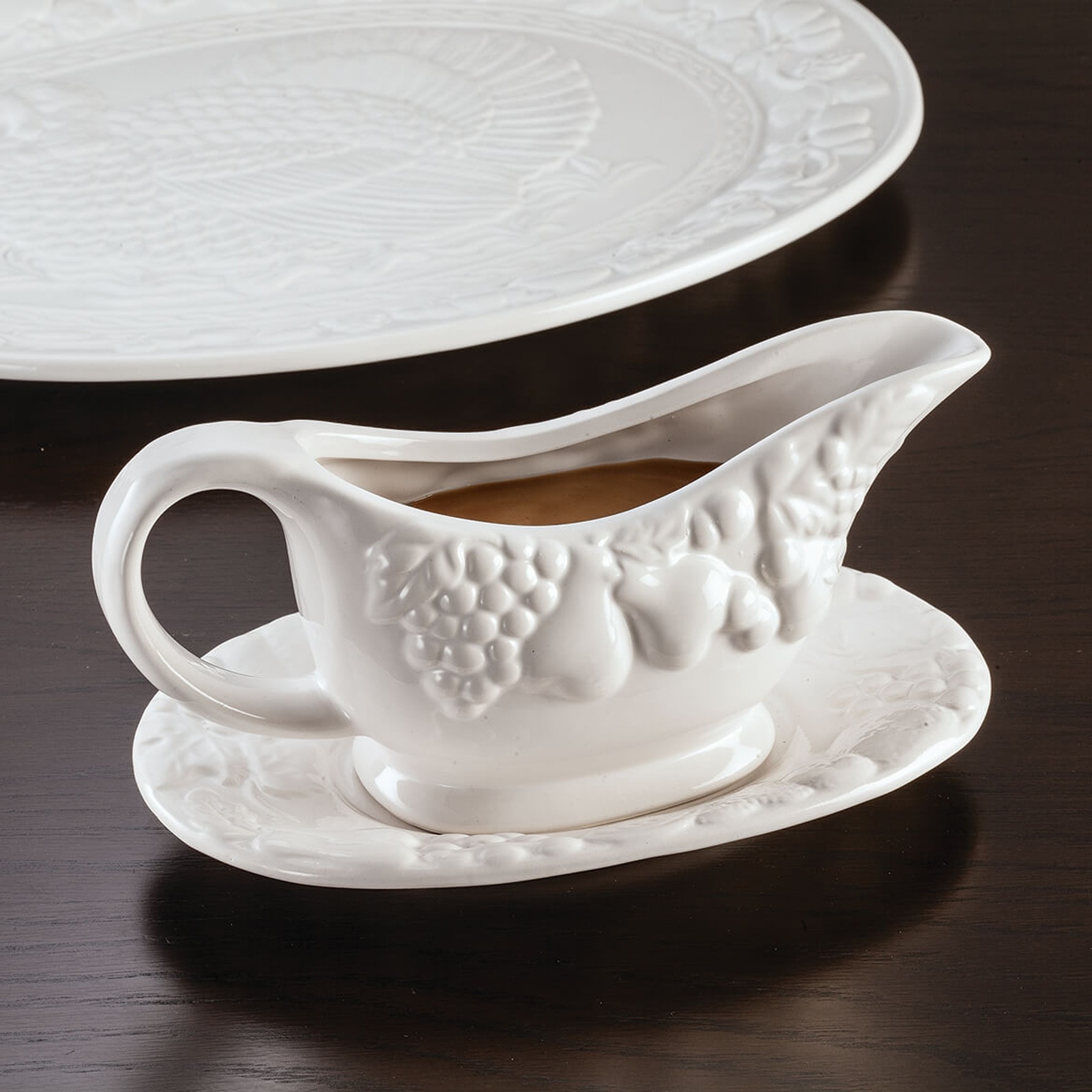 Harvest Embossed Thanksgiving Turkey gravy boat in White