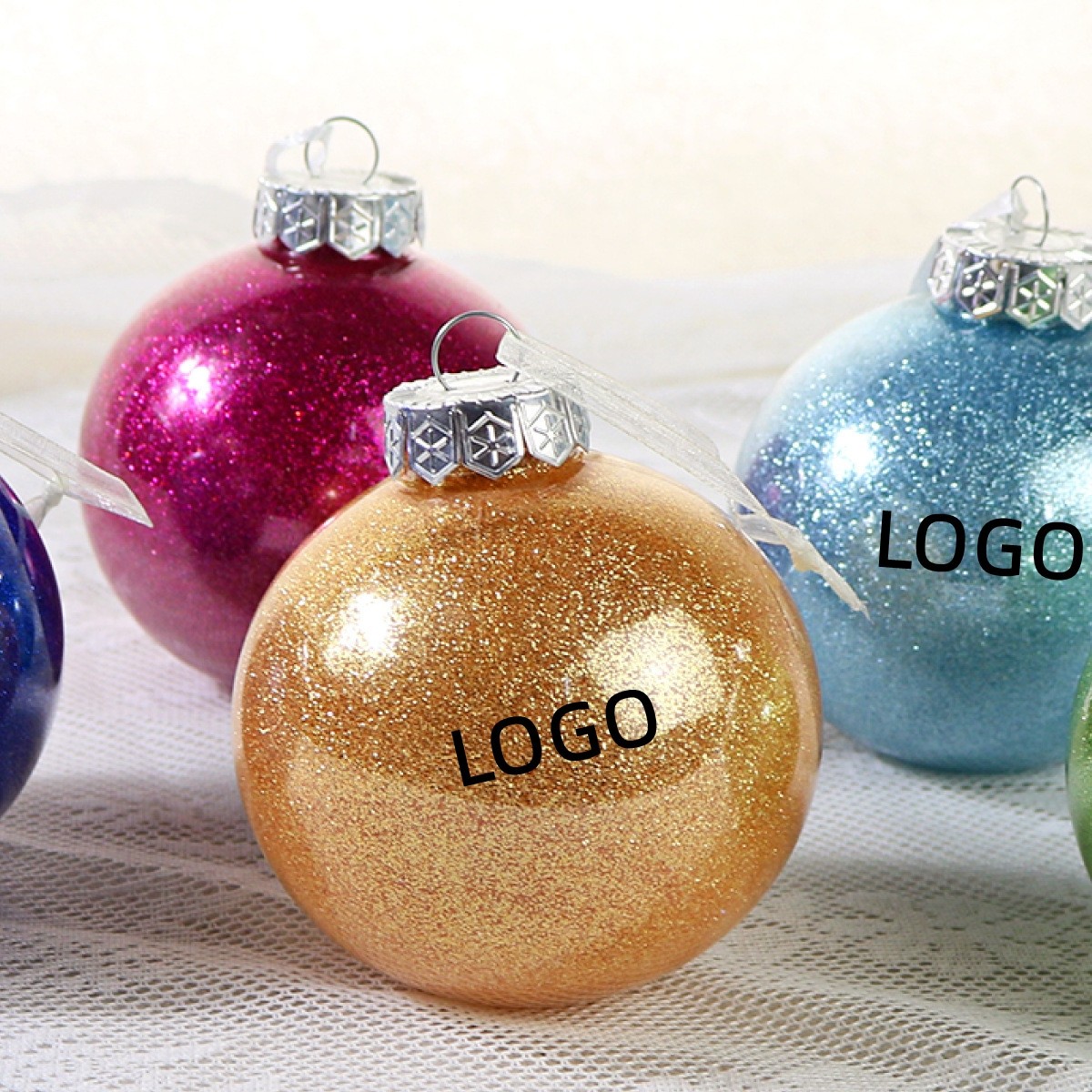3 1/8" Glitter PET Ball Christmas Tree Pendant 6pcs