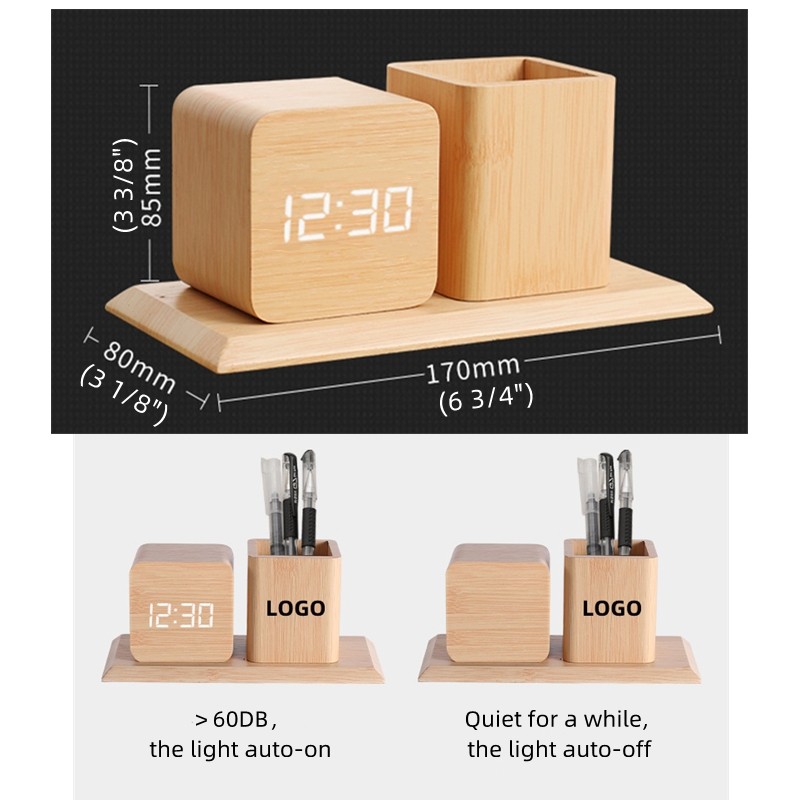 Wooden Pen Holder With LED Alarm Clock