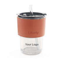 14 oz Leather Sleeved Glass Tumbler With Lid and Straw
